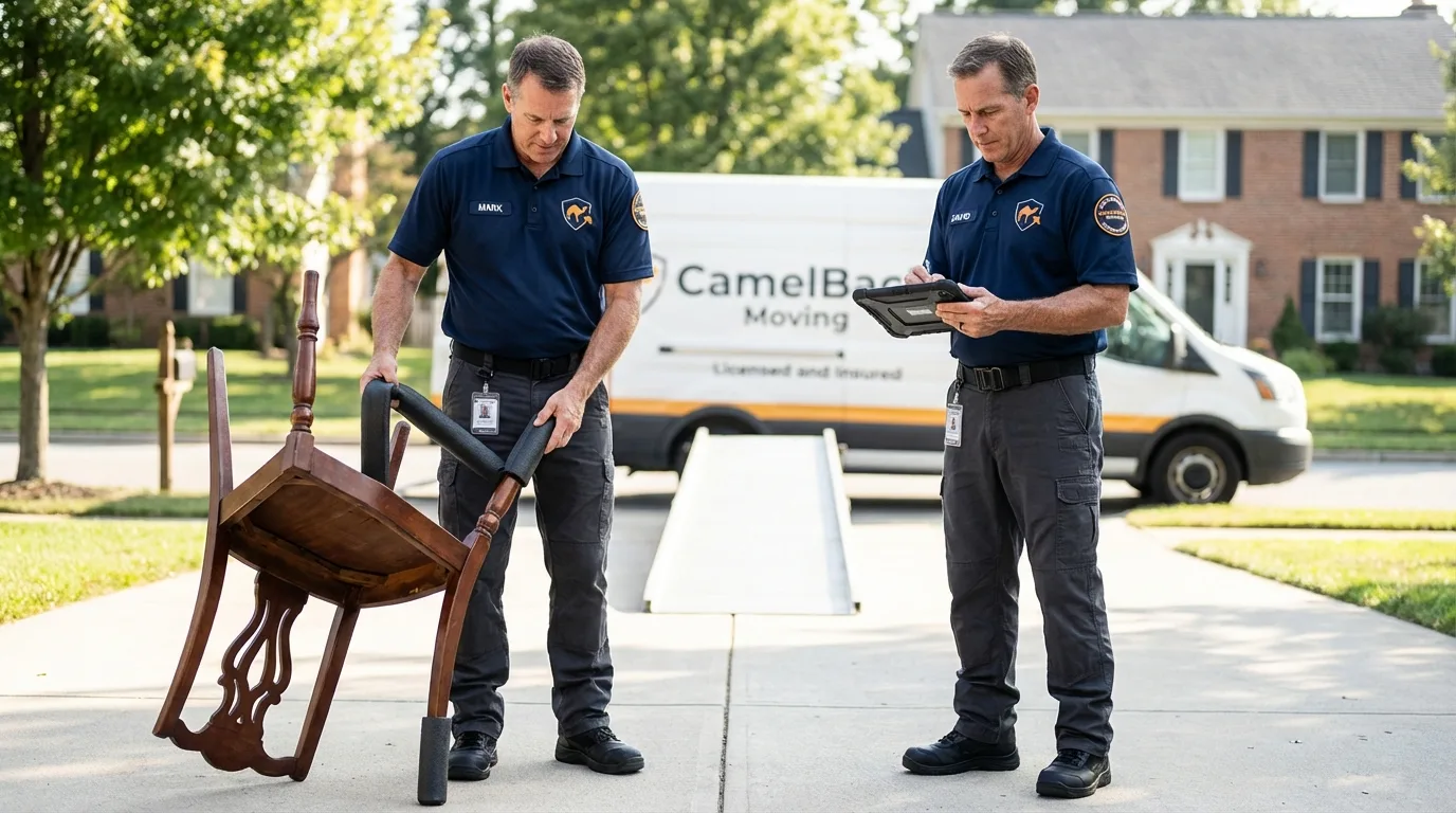 Movers inspecting furniture for damage prevention before loading in Candia, NH