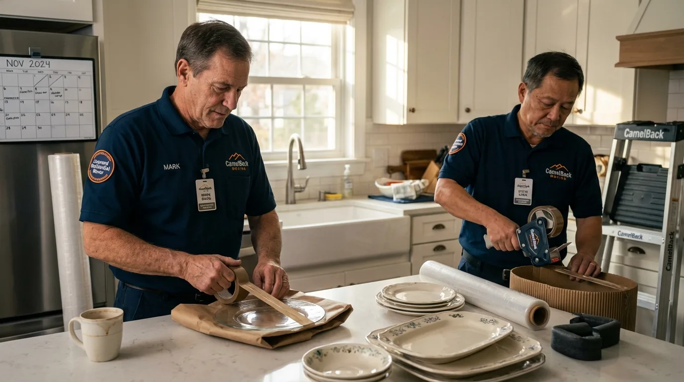 Professional crew packing kitchen dishware in Candia, NH